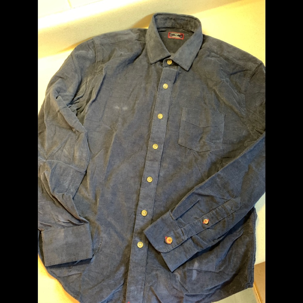 Untuckit navy corduroy button down shirt